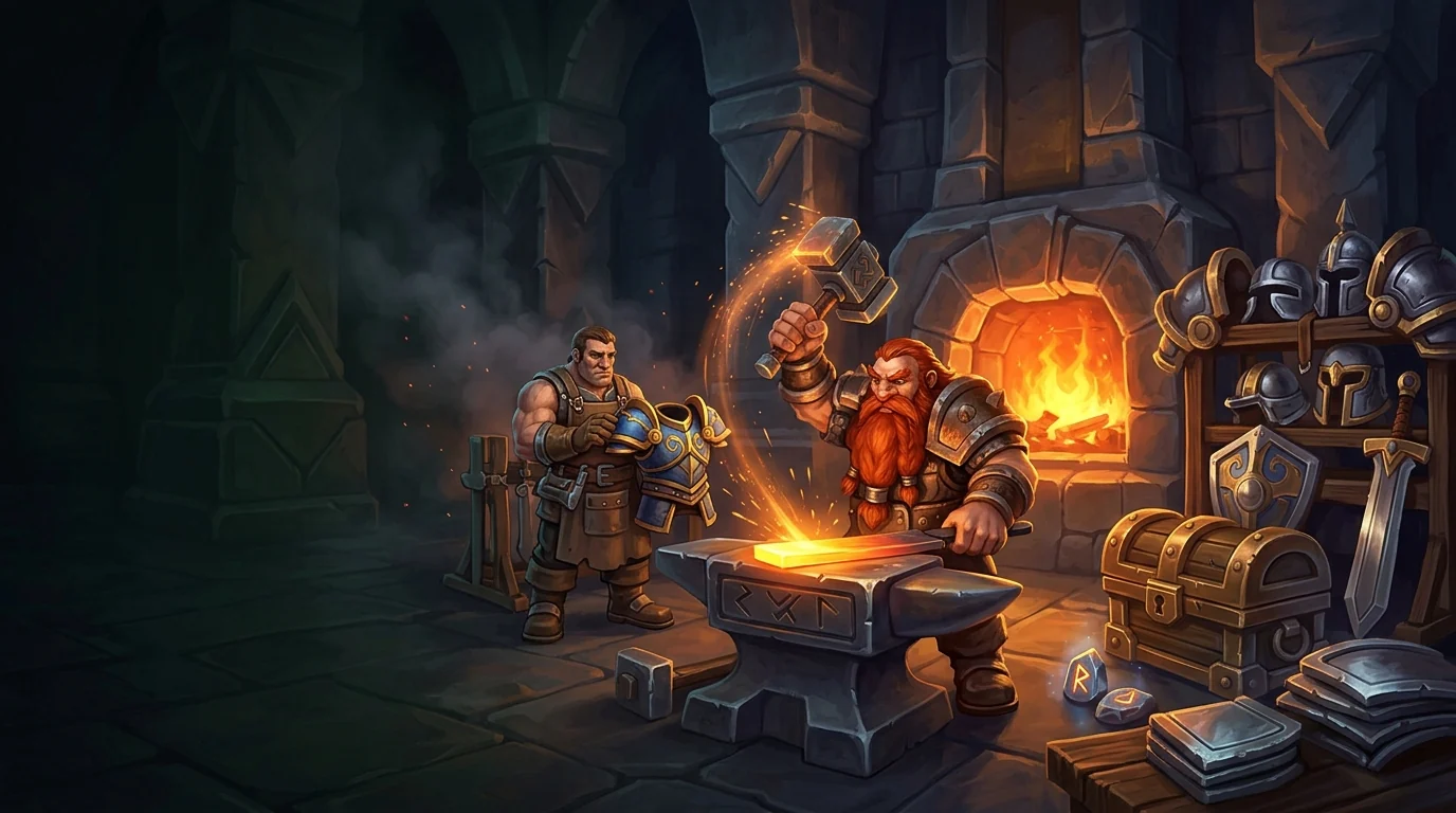 Fan illustration of armor, a rune anvil and equipment chests in a forge