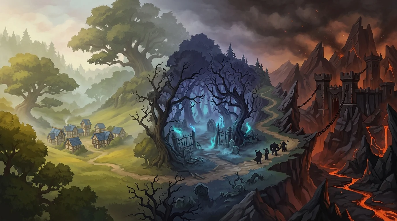 Fan illustration of a forest road, a graveyard and a volcanic mountain